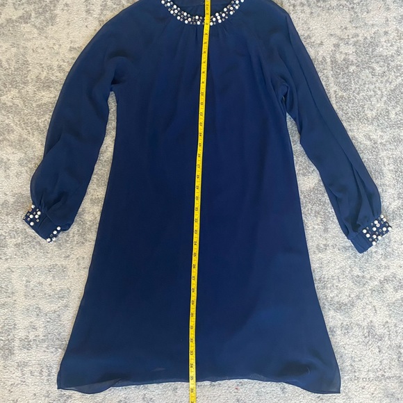 SLNY Navy Blue Long Sleeves Pearls Holiday Dress Size 8 - Picture 14 of 15